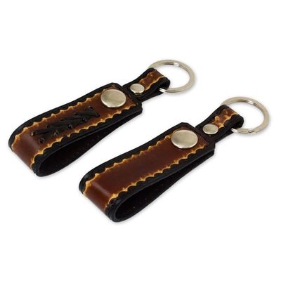 Alternate image for Hand Tooled Brown Leather Key Rings Pair Key to Success in Brown
