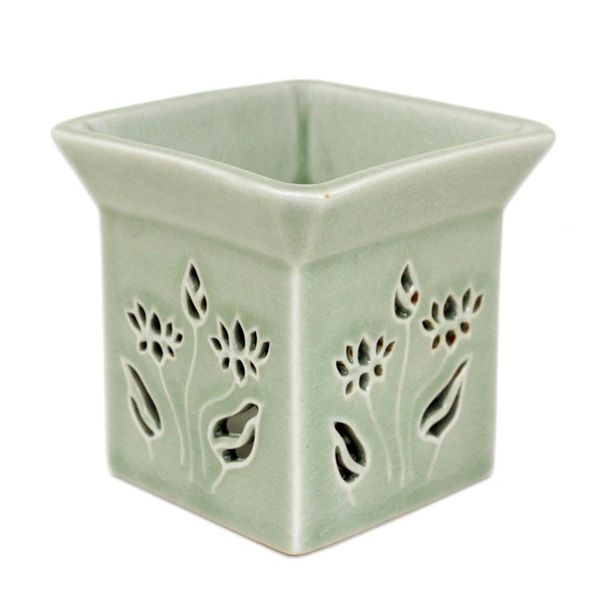 Alternate image for Floral Ceramic Clay Tealight Oil Warmer Handcrafted Thailand Lotus Garden
