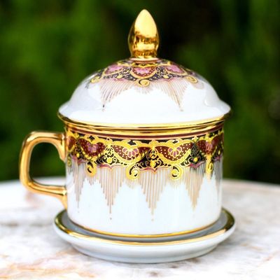 Alternate image for Benjarong White Elephant Teacup and Lid with Gold Paint Thai Iyara