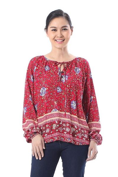 Alternate image for Floral Rayon Blouse in Poppy Crafted in Thailand Poppy Garden