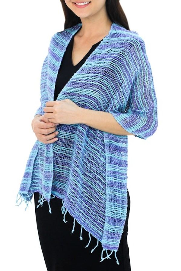 Alternate image for Handmade 100 Cotton Loose Weave Scarf in Blue and Purple Spring Breeze