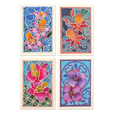 Alternate image for Set of 4 Batik Cotton and Paper Orchid Greeting Cards Intense Orchids