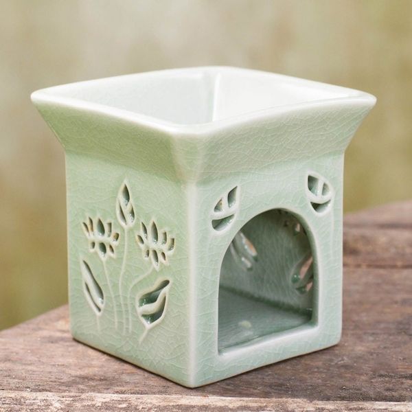 Alternate image for Floral Ceramic Clay Tealight Oil Warmer Handcrafted Thailand Lotus Garden