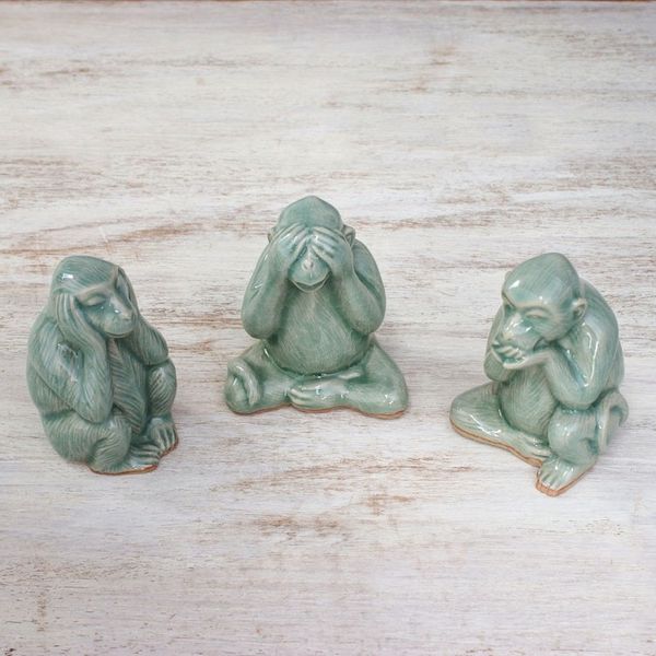 Alternate image for Celadon Ceramic Wise Monkey Figurines Set of 3 Offering Wisdom