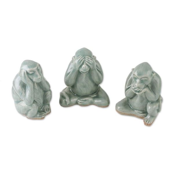 Alternate image for Celadon Ceramic Wise Monkey Figurines Set of 3 Offering Wisdom