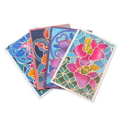 Alternate image for Set of 4 Batik Cotton and Paper Orchid Greeting Cards Intense Orchids