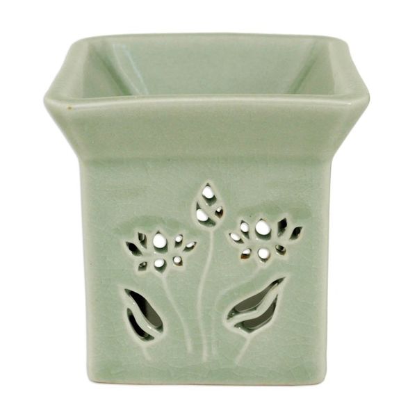 Alternate image for Floral Ceramic Clay Tealight Oil Warmer Handcrafted Thailand Lotus Garden