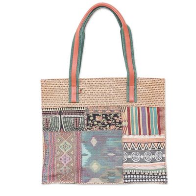 Alternate image for Thai Leather-Accented Cotton Tote Bag Chill Night in Green