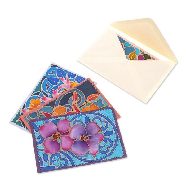 Alternate image for Set of 4 Batik Cotton and Paper Orchid Greeting Cards Intense Orchids