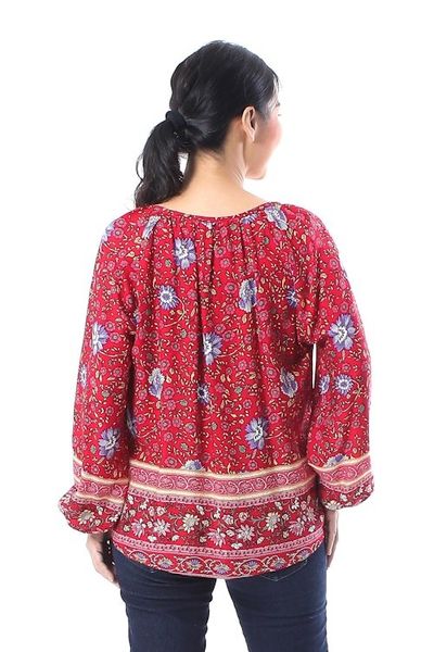 Alternate image for Floral Rayon Blouse in Poppy Crafted in Thailand Poppy Garden