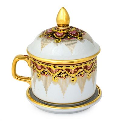 Alternate image for Benjarong White Elephant Teacup and Lid with Gold Paint Thai Iyara