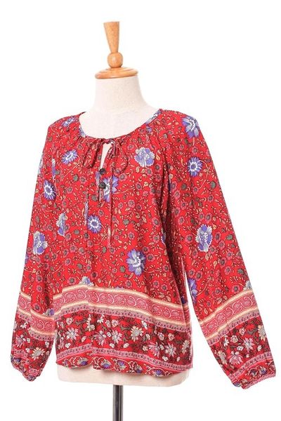 Alternate image for Floral Rayon Blouse in Poppy Crafted in Thailand Poppy Garden