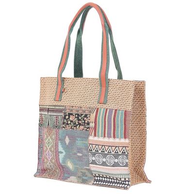 Alternate image for Thai Leather-Accented Cotton Tote Bag Chill Night in Green