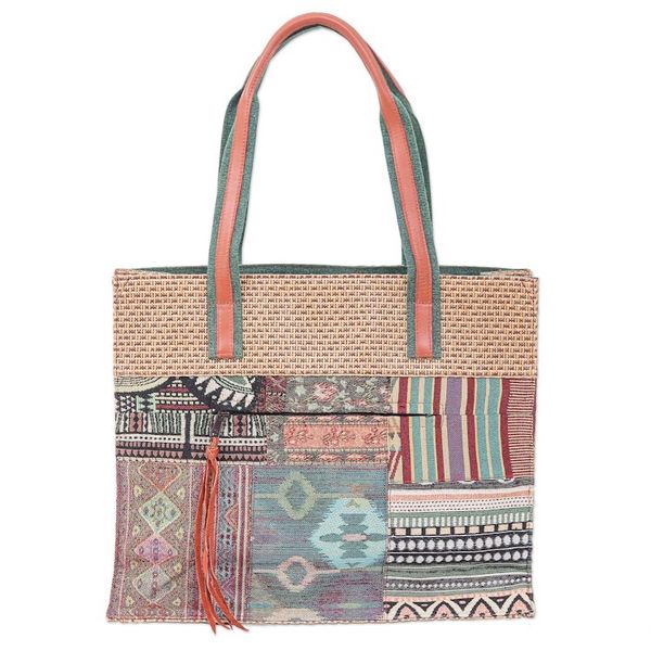 Alternate image for Thai Leather-Accented Cotton Tote Bag Chill Night in Green