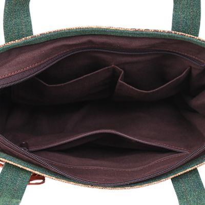 Alternate image for Thai Leather-Accented Cotton Tote Bag Chill Night in Green