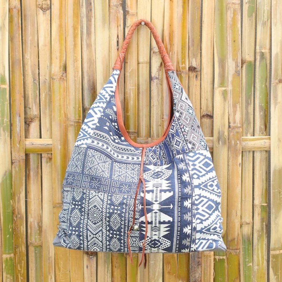 Leather Accent Cotton Blend Hobo Bag in Lapis and White 'Lapis Geometry'