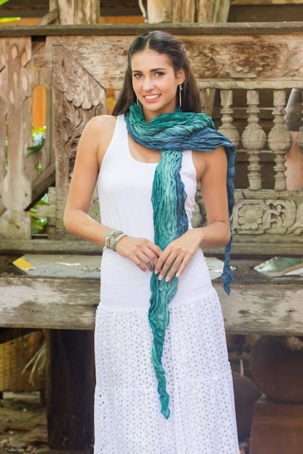 Alternate image for Teal Ombre Crinkled All-Silk Scarf from Thailand Summer Rain