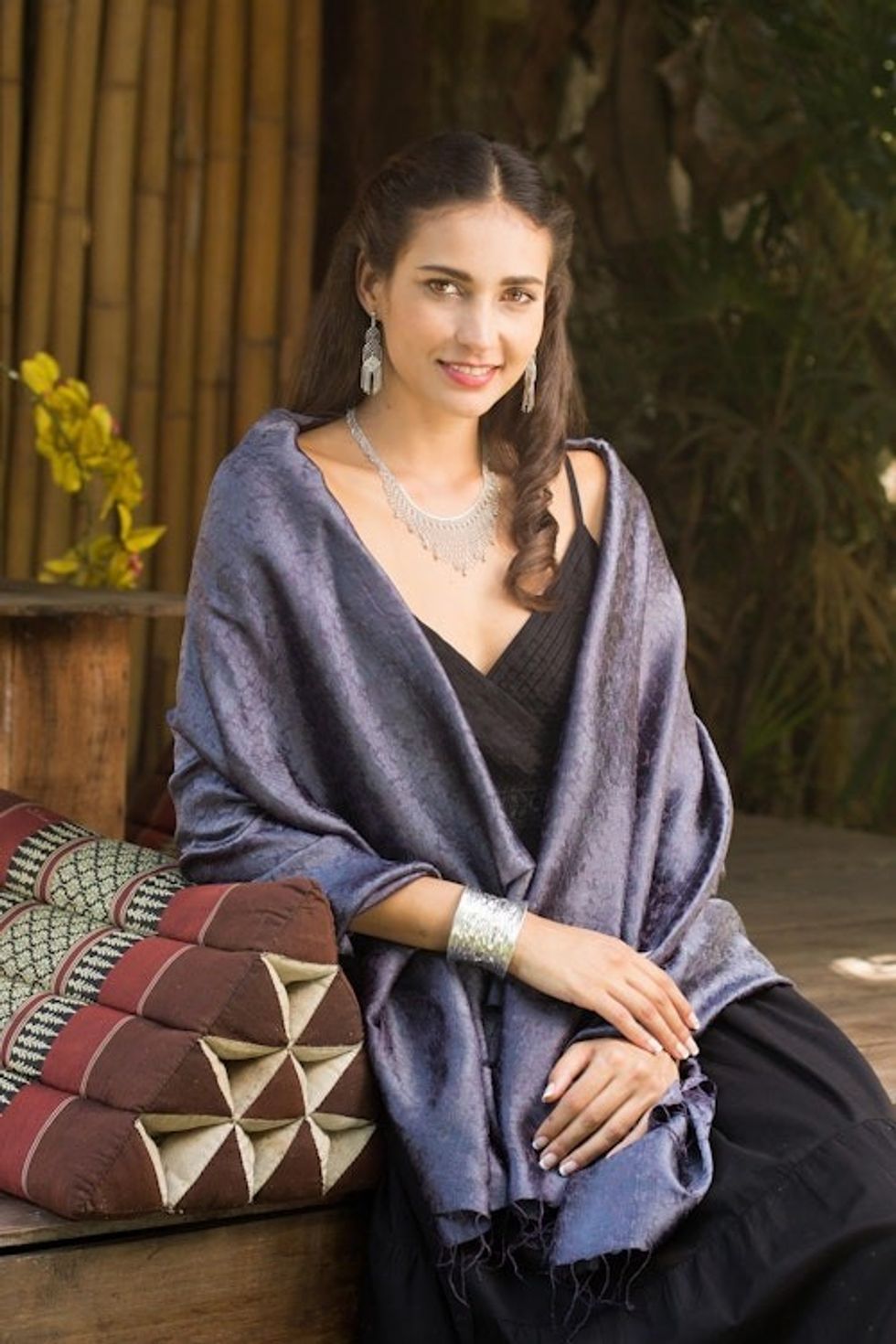 Blue Grey Jacquard Floral Shawl in Rayon and Silk 'Mandarin Storm'