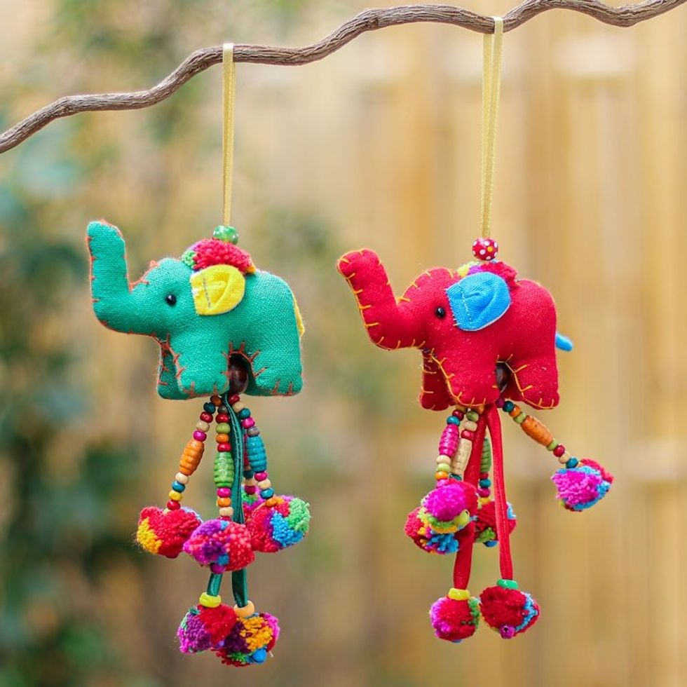 Embellished Elephant Ornaments Pair 'Festive Pachyderms'