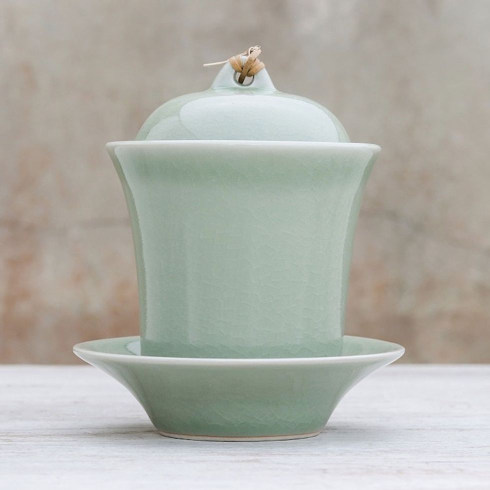 Handcrafted Celadon Green Ceramic Soup Cup Lid Saucer Set 'Cup of Comfort in Green'