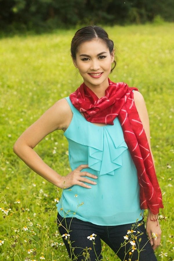Alternate image for Red Silk Tie Dye Scarf from Thailand Red Mountains