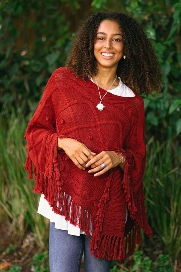 Alternate image for Short Knit Poncho in Claret from Thailand Incredible in Claret