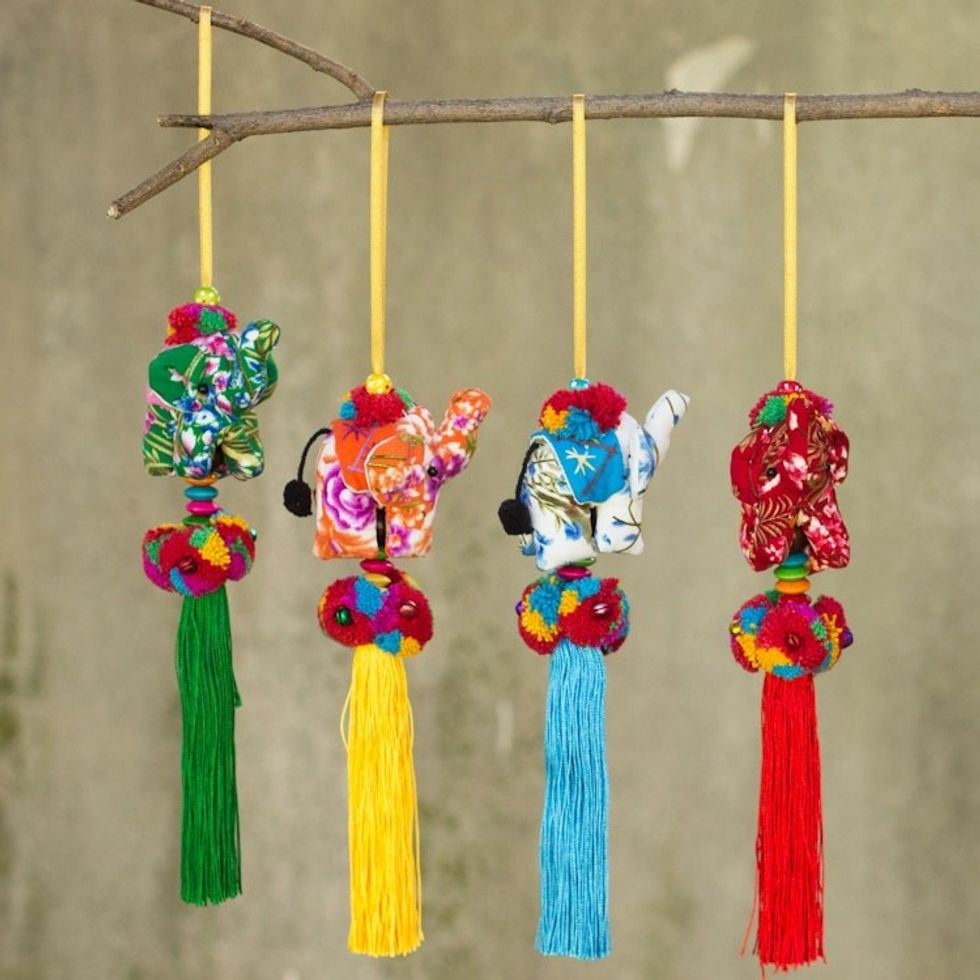 Set of 4 Multicolor Thai Elephant Ornaments Crafted by Hand 'Happy Lanna Elephants'