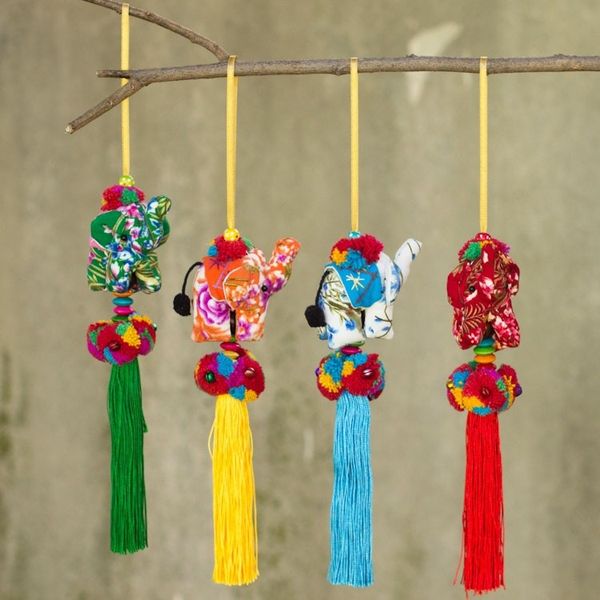 Alternate image for Set of 4 Multicolor Thai Elephant Ornaments Crafted by Hand Happy Lanna Elephants