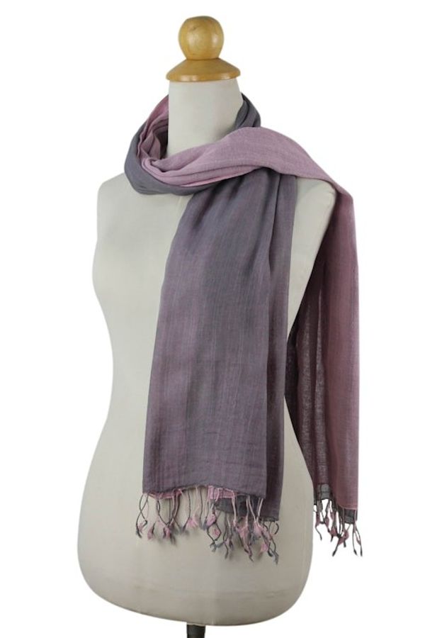 Alternate image for Hand-woven 2-in-1 Cotton Reversible Scarf Grey Pink Duet