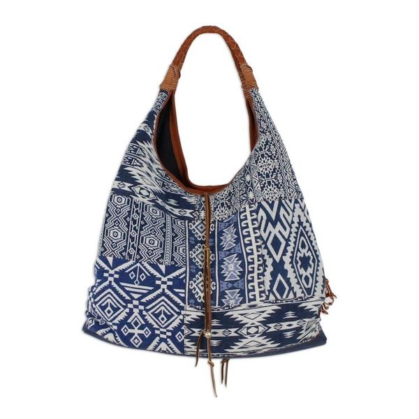 Alternate image for Leather Accent Cotton Blend Hobo Bag in Lapis and White Lapis Geometry