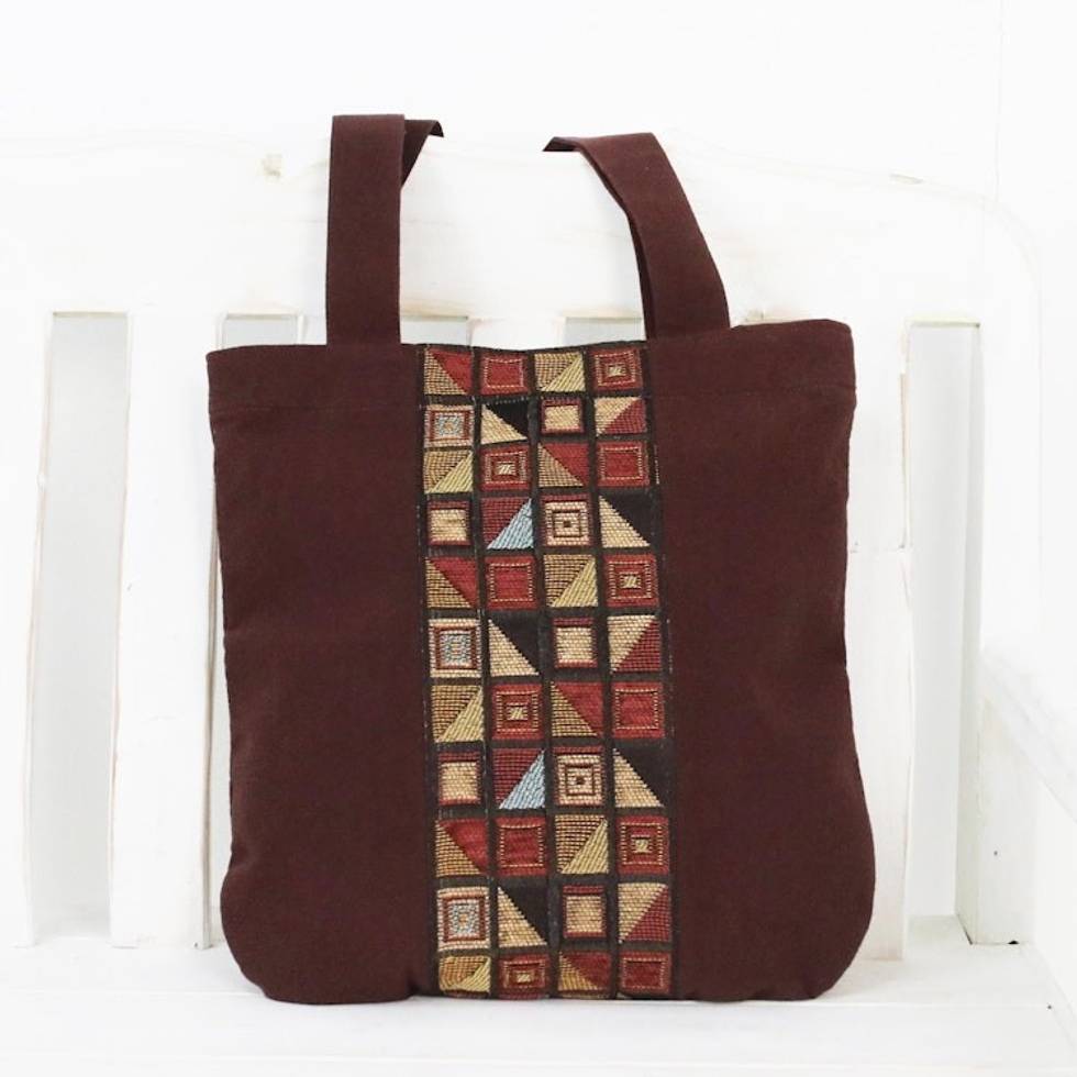 Geometric Motif Brown Cotton Tote Handbag from Thailand 'Native Geometry'