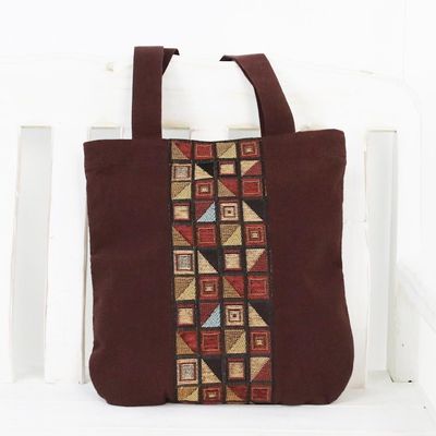 Alternate image for Geometric Motif Brown Cotton Tote Handbag from Thailand Native Geometry