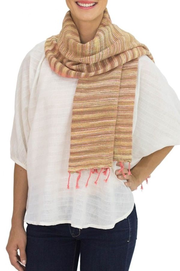 Alternate image for Pink and Brown Hand-woven Cotton Scarf Rosewood Breeze