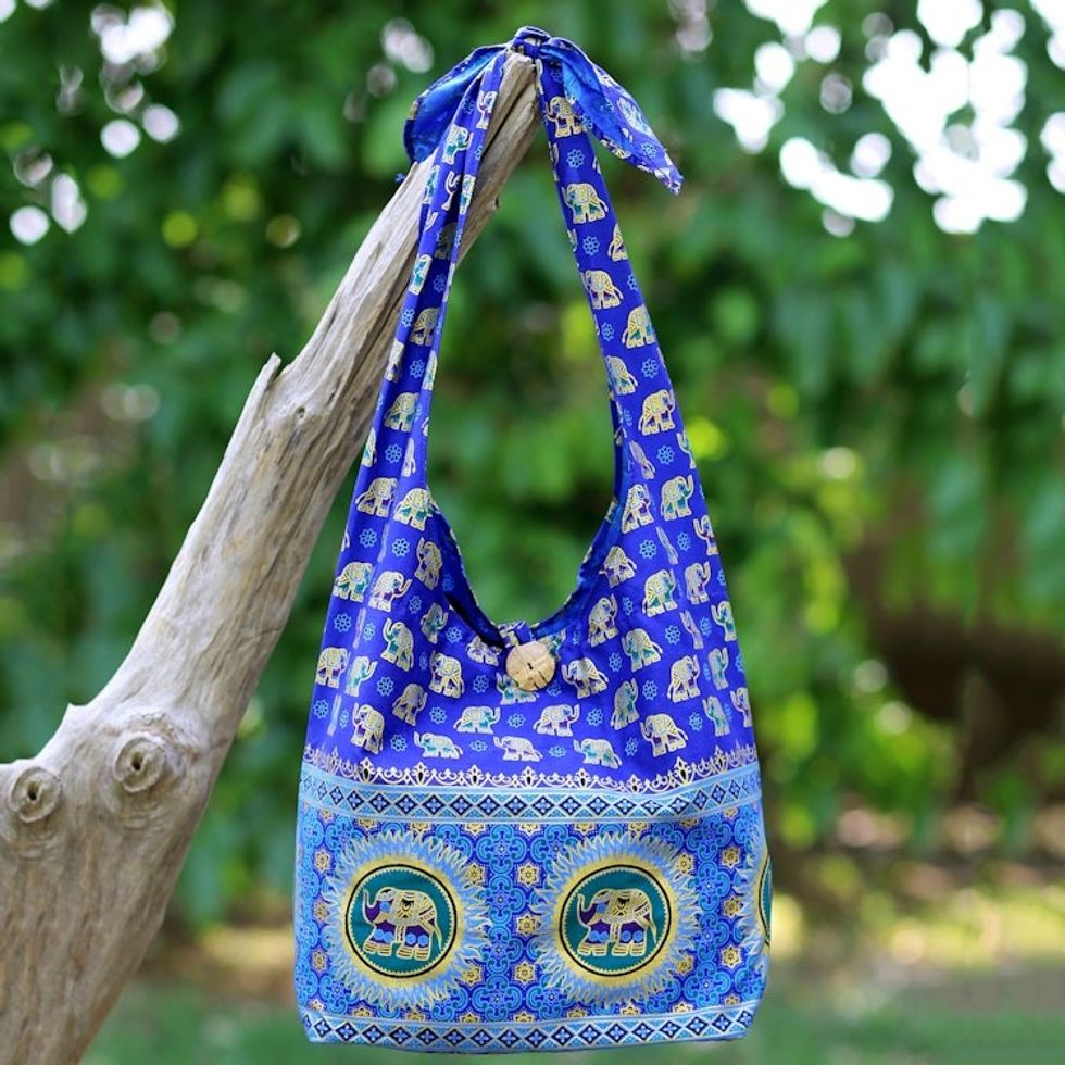 Handmade Blue Cotton Shoulder Bag with Elephant Motif 'Royal Thai Elephant'