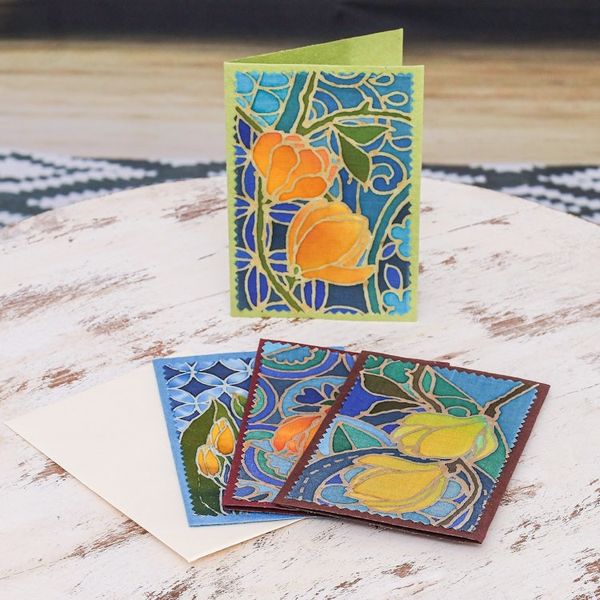 Alternate image for Handcrafted Batik Floral Greeting Cards Set of 4 Flourishing Thailand
