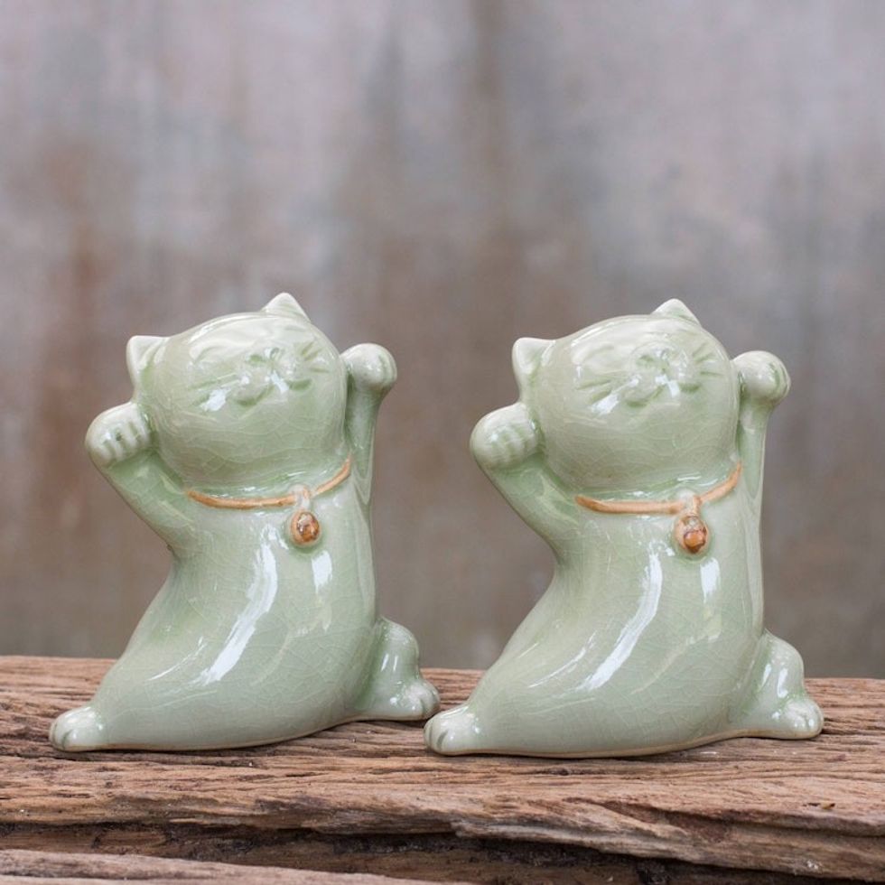 Thai Celadon Ceramic Sculptures Pair 'Good Luck Cats'