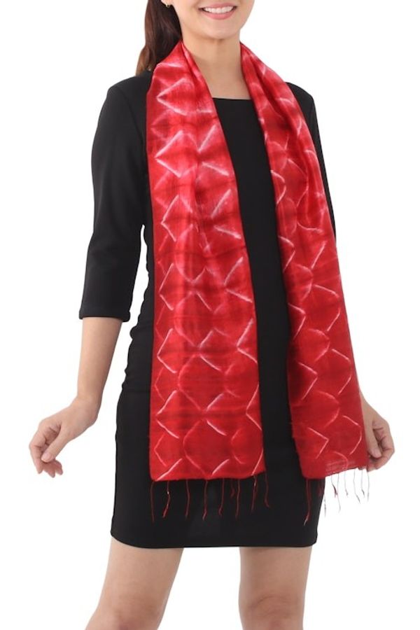 Alternate image for Red Silk Tie Dye Scarf from Thailand Red Mountains