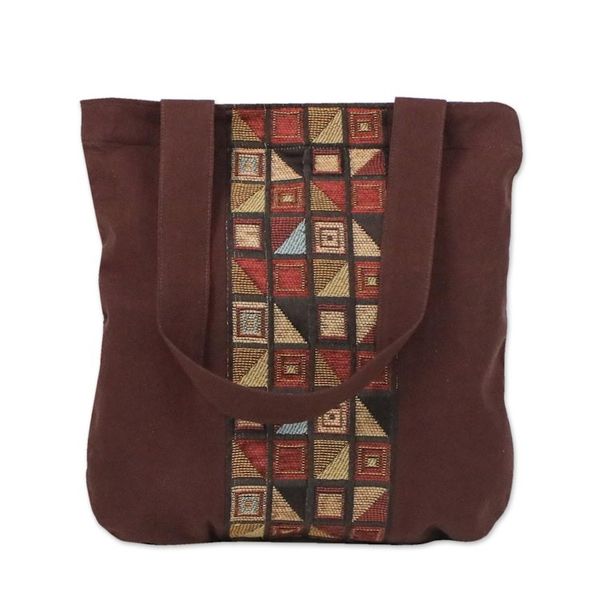 Alternate image for Geometric Motif Brown Cotton Tote Handbag from Thailand Native Geometry