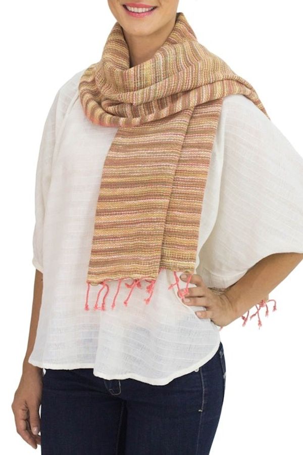 Alternate image for Pink and Brown Hand-woven Cotton Scarf Rosewood Breeze