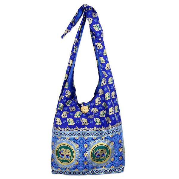Alternate image for Handmade Blue Cotton Shoulder Bag with Elephant Motif Royal Thai Elephant
