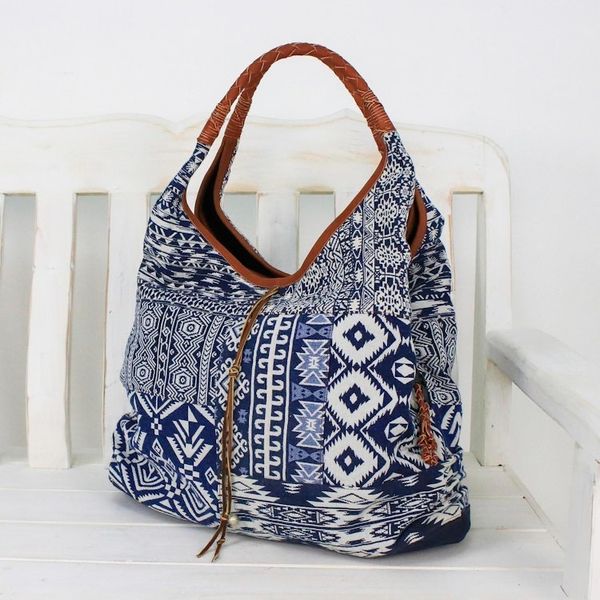 Alternate image for Leather Accent Cotton Blend Hobo Bag in Lapis and White Lapis Geometry