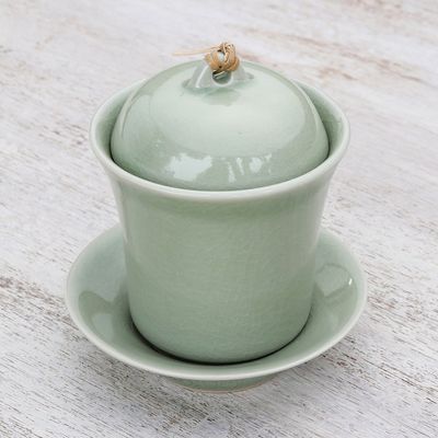 Alternate image for Handcrafted Celadon Green Ceramic Soup Cup Lid Saucer Set Cup of Comfort in Green