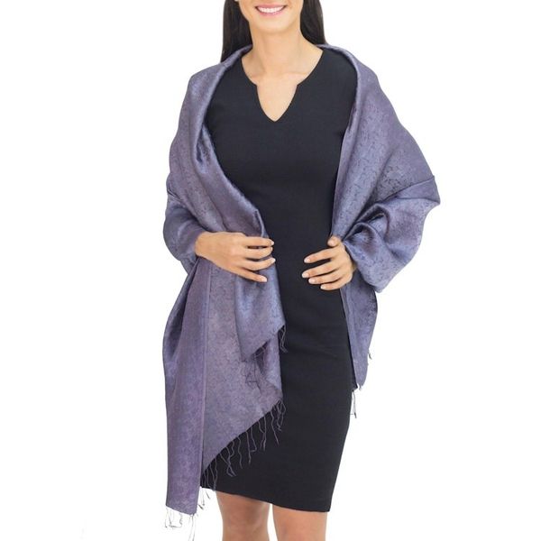 Alternate image for Blue Grey Jacquard Floral Shawl in Rayon and Silk Mandarin Storm