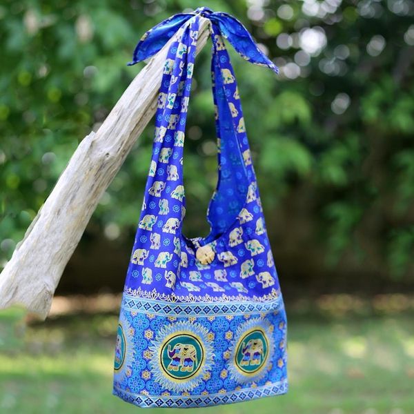Alternate image for Handmade Blue Cotton Shoulder Bag with Elephant Motif Royal Thai Elephant