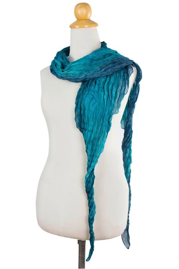 Alternate image for Teal Ombre Crinkled All-Silk Scarf from Thailand Summer Rain