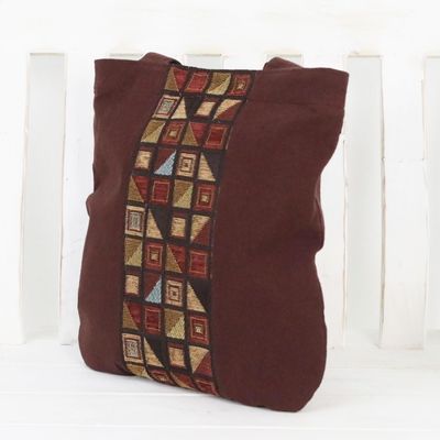 Alternate image for Geometric Motif Brown Cotton Tote Handbag from Thailand Native Geometry