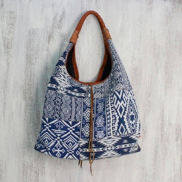 Alternate image for Leather Accent Cotton Blend Hobo Bag in Lapis and White Lapis Geometry
