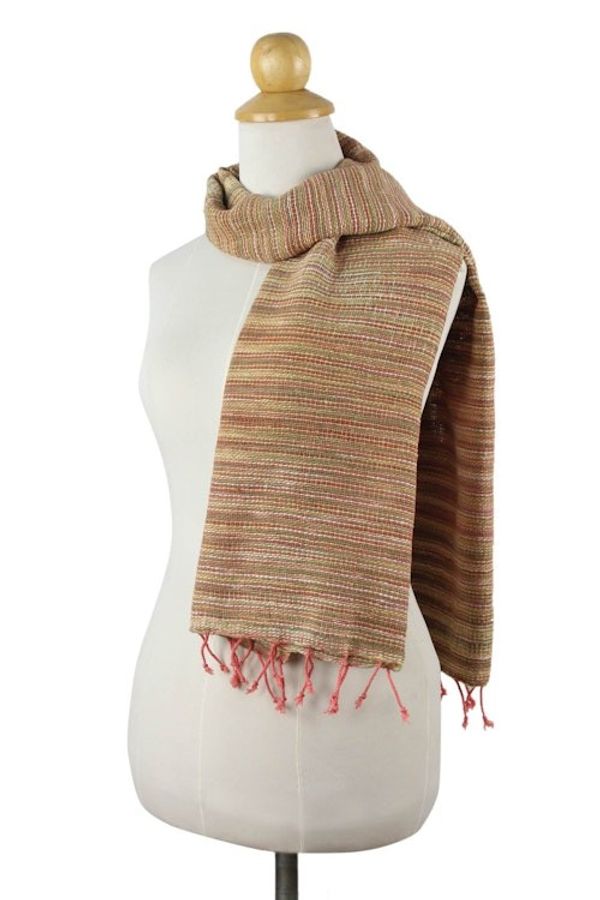 Alternate image for Pink and Brown Hand-woven Cotton Scarf Rosewood Breeze