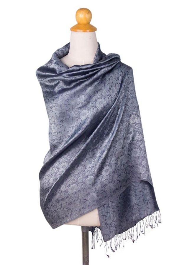Alternate image for Blue Grey Jacquard Floral Shawl in Rayon and Silk Mandarin Storm