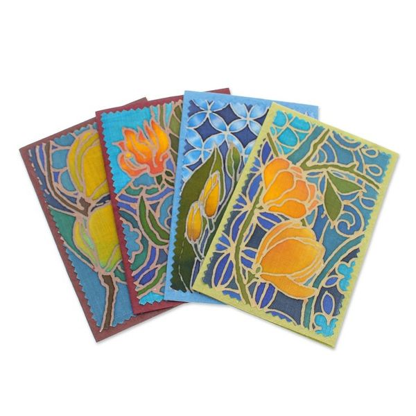 Alternate image for Handcrafted Batik Floral Greeting Cards Set of 4 Flourishing Thailand